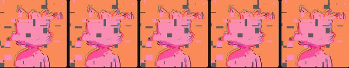 A stylized pink cartoon cat appears repeatedly across an orange background in a glitch-art pattern.