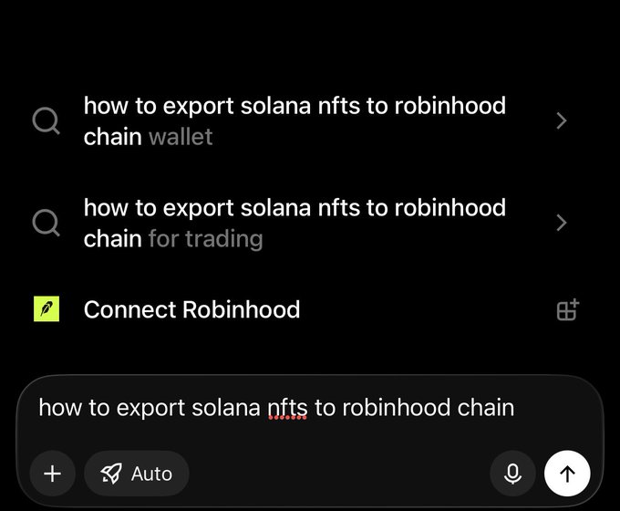 The image shows a search interface with the query "how to export solana nfts to robinhood chain," alongside suggested searches like "how to export solana nfts to robinhood chain wallet" and "how to export solana nfts to robinhood chain for trading," plus a "Connect Robinhood" option. The repeated frustrated searches suggest the user's difficulty with this task, tying into the caption "don't make me do it," humorously expressing exasperation over the seemingly impossible export process.