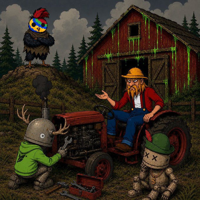 A whimsical illustration featuring a farmer on a tractor alongside mechanical creatures with deer antlers and dollar-sign eyes, with a rooster wearing a mask perched on a rock in front of a green-slime-covered barn.