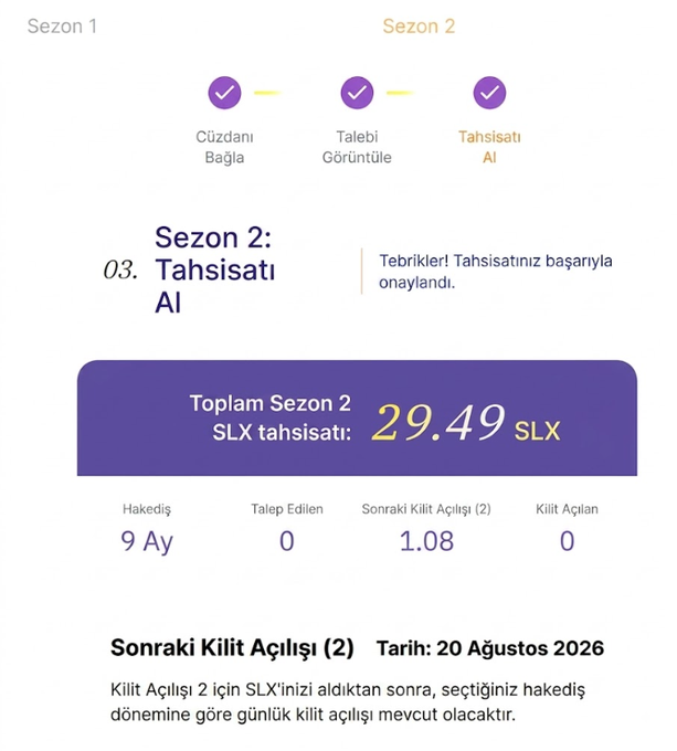 A screenshot of a mobile app in Turkish showing successful unstaking of SLX tokens in Season 2, with a total payout of 29.49 SLX.