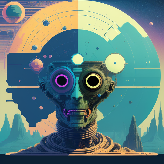 A vibrant digital illustration of a mechanical, robotic face with glowing, mismatched eyes set against a colorful, surreal landscape with a profile silhouette.