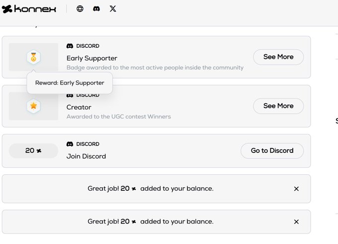 A screenshot of a website interface showing Discord rewards including 'Early Supporter' and 'Creator' badges, with notifications that '20 stars' have been added to the user's balance.