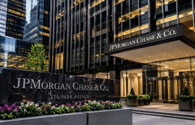 The exterior entrance of JPMorgan Chase & Co. at 270 Park Avenue, featuring the building's name on dark marble signage with flowers in the foreground.
