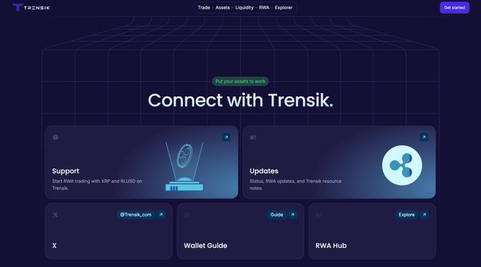 Screenshot of the Trensik website homepage with the headline 'Connect with Trensik.' and navigation links to Trade, Assets, Liquidity, RWA, and Explorer, featuring sections for Support and Updates.