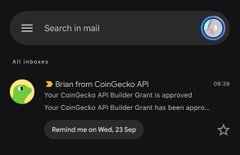 The image shows a Gmail inbox notification preview featuring a CoinGecko email about an approved Builder Grant, while the accompanying post highlights how videos demonstrate permissionless prediction markets built using the CoinGecko and GeckoTerminal API. The image does not show the prediction market videos described in the post, but rather displays the granted status of the CoinGecko Builder Grant used to develop it.