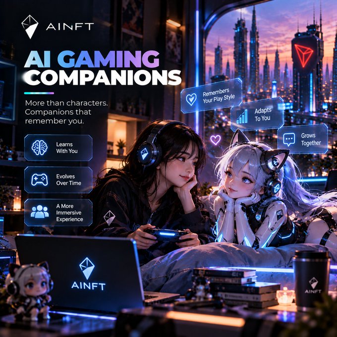 An advertisement for 'AINFT AI Gaming Companions' featuring an anime-style illustration of a girl and cat-eared companion with features like 'Learns With You' and 'Grows Together'.