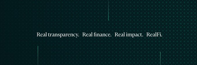 The image displays the text "Real transparency. Real finance. Real impact. RealFi." against a dark hexagonal patterned background, reinforcing the post's message of transparency regarding the rebranding decisions for USDr/sUSDr to USDrf/sUSDrf and keeping the governance token as RFG.