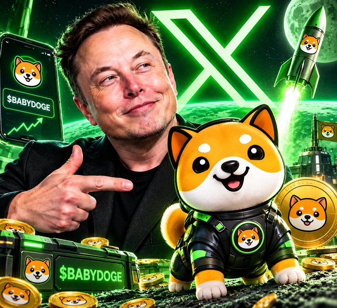 A man points toward a cartoon Shiba Inu mascot alongside stacks of coins and digital displays labeled "$BABYDOGE," with a large green "X" logo and rocket in the background, visually tying to the playful "$BABYDOGE" chant.