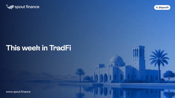 A blue-toned banner for 'Spout Finance' featuring their whale logo, the X handle '@spoutfi', and the title 'This week in TradFi' against an illustrated cityscape with palm trees and domed architecture.