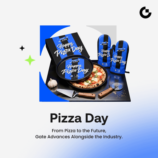 The image features a pizza with various toppings, including pepperoni, mushrooms, and cheese. It also includes a pizza pan and a pizza cutter, as well as some garlic and olive oil. The background of the image has a blue and white color scheme, which complements the pizza theme. The text "Happy Bitcoin Pizza Day" is written in black at the top of the image, while the phrase "From pizza to the future Gate Advances Alongside the industry" is written below it.