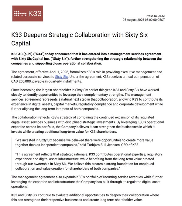 A press release from K33 AB (publ) dated 05 August 2026 announcing a management services agreement with Sixty Six Capital Inc., effective April 1, 2026, with annual compensation of CAD 200,000 paid quarterly. The agreement formalizes K33's role in providing executive management and corporate services to Sixty Six, further deepening the strategic collaboration between the two companies.
