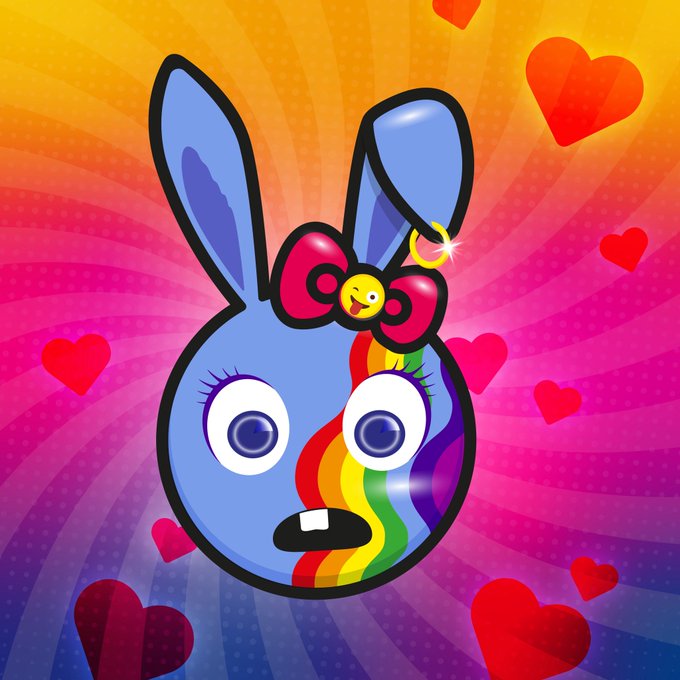 A colorful cartoon illustration of a blue bunny head with a rainbow coming from its mouth, wearing a pink bow, surrounded by red hearts on a bright background.