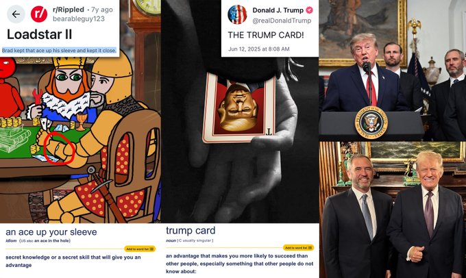 This image collage connects the idea of an "ace up your sleeve" and a "trump card" with Donald Trump, Brad Garlinghouse, and the $XRP cryptocurrency, implying a hidden advantage or strategy. The accompanying post reinforces this by mentioning Brad Garlinghouse, Donald Trump, POTUS, and the ticker $XRP with a "$10,000" target.