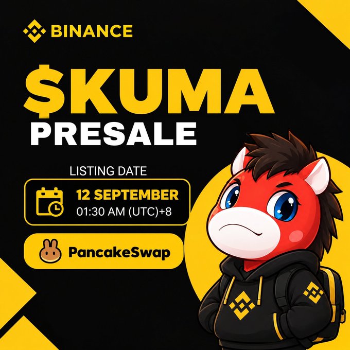 The image is a Binance-branded promotional graphic announcing the "$KUMA PRESALE" with a listing date of 12 September at 01:30 AM (UTC+8) on PancakeSwap, featuring a cartoon red horse mascot wearing a Binance hoodie. It visually supports the post's announcement of the live presale for $KUMA tokens, highlighting the key listing details to encourage participation.