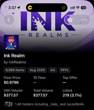 A mobile app listing for 'Ink Realm' by InkRealms showing 6,969 items, 1D Floor price of $0.9796, 24H Volume of $377.57, and 1.4K holders including JarJarBink.