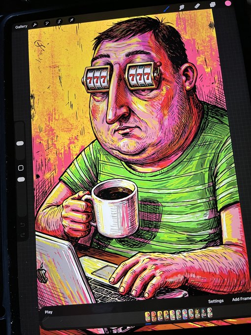 A vibrant digital illustration displayed on a tablet screen shows a man in a green shirt holding a coffee mug and using a laptop, with slot-machine 777 symbols replacing his eyes.