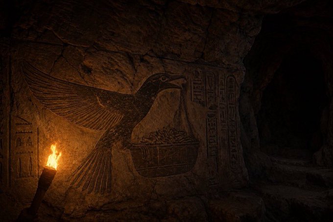 A torch illuminates an ancient Egyptian wall carving depicting a bird with outstretched wings holding a basket, surrounded by hieroglyphs in a dark cave-like setting.