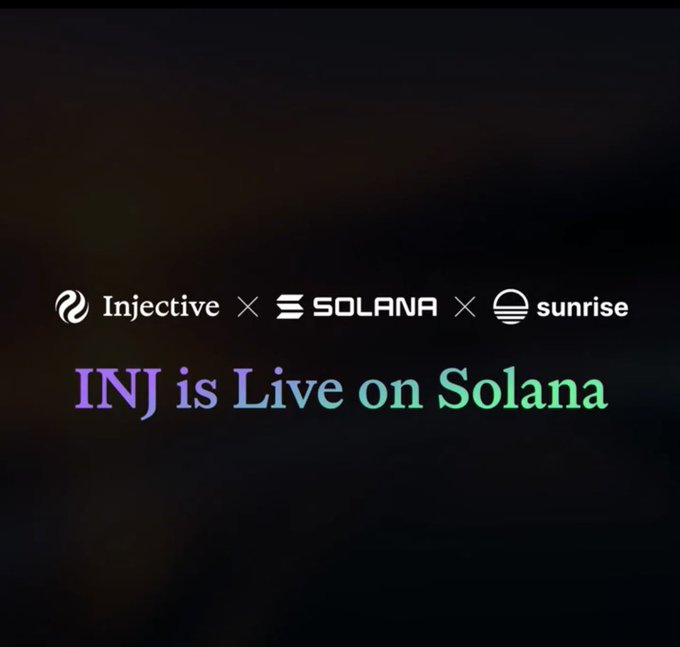 A promotional graphic with logos for Injective, Solana, and Sunrise announcing 'INJ is Live on Solana' in gradient text on a dark background.
