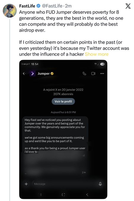 A screenshot of a tweet from "FastLife" (@FastLife) defending Jumper crypto against FUD claims, accompanied by a blacked-out message from "Jumper" on X (formerly Twitter) revealing a 2022 reorganization where "207K" subscribers were lost, suggesting the tweet's "decoded the full message" caption exposes the controversial history behind the project's promotional outreach.