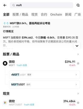 A mobile app screenshot showing a search for 'msft' with Microsoft stock data, including ticker MSFT, current price $394.91 (-0.44%), and additional contract ticker MSFTUSDT.
