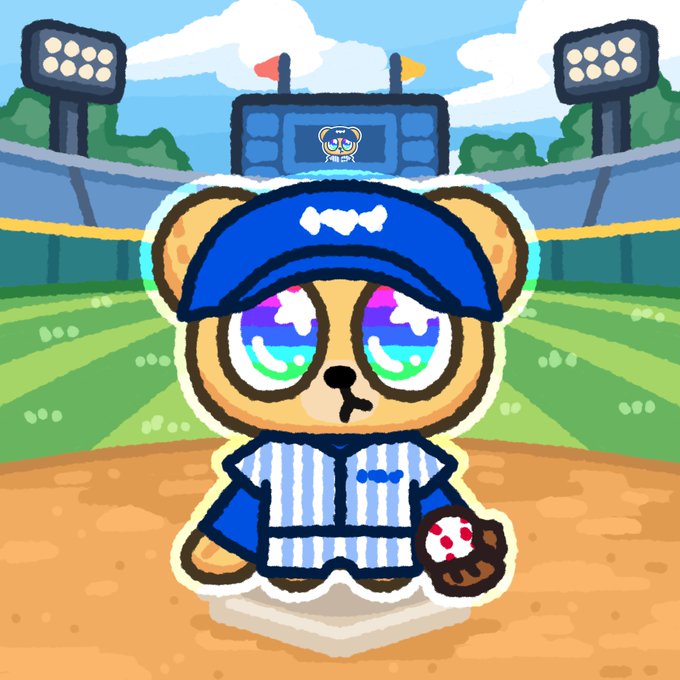 A cartoon-style NFT artwork of a bear character wearing a blue baseball uniform and cap with a 'W' logo, standing on a baseball field holding a baseball glove and ball.