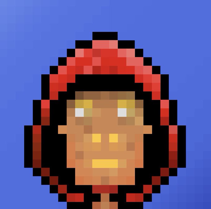 A pixel art portrait of a person wearing a red hood with a dark face and yellow-tinted eyes, set against a blue background. The hooded figure visually represents the "PitBoys" NFT collection referenced in the post, which promotes earning real stock rewards like $NVDA, $SLV, and $USAR.