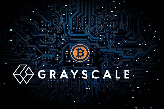 A Grayscale promotional graphic featuring the Bitcoin logo on a blue circuit board background with the Grayscale brand name and logo displayed.