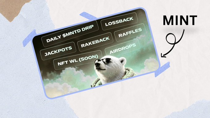 A graphic featuring a white dog wearing sunglasses against a cloudy sky background, with a menu showing options like 'DAILY $MNTD DRIP', 'LOSSBACK', 'RAFFLES', and 'AIRDROPS', labeled 'MINT'.