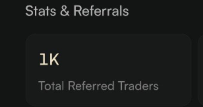 A dark digital interface shows 'Stats & Referrals' with '1K Total Referred Traders' displayed in a card.