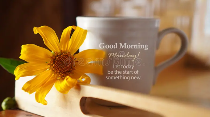 A warm greeting card-style image with a yellow sunflower beside a white coffee mug, displaying the text 'Good Morning Monday! Let today be the start of something new.'