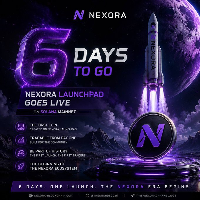 A promotional graphic for 'NEXORA' announces '6 DAYS TO GO' until the Nexora Launchpad goes live on Solana Mainnet, featuring a rocket launching toward the moon and a purple Nexora coin logo.