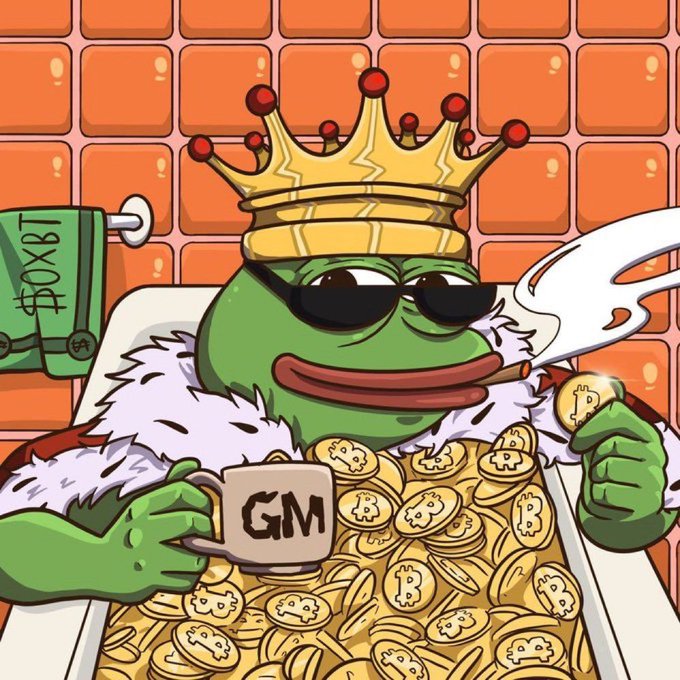 A Pepe the Frog meme dressed as royalty, wearing a gold crown and sunglasses, smoking a cigar and holding a mug that says 'GM' while sitting in a bathtub filled with Bitcoin coins next to a green 'TOXIBT' tank.