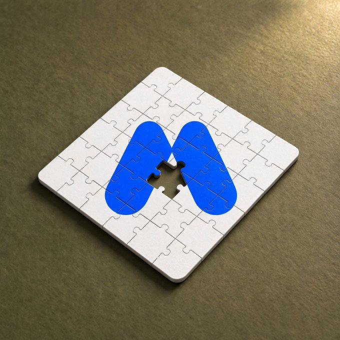 A white jigsaw puzzle with a blue 'M' shaped logo where the central piece is missing, representing the Aleo network or similar blockchain project.