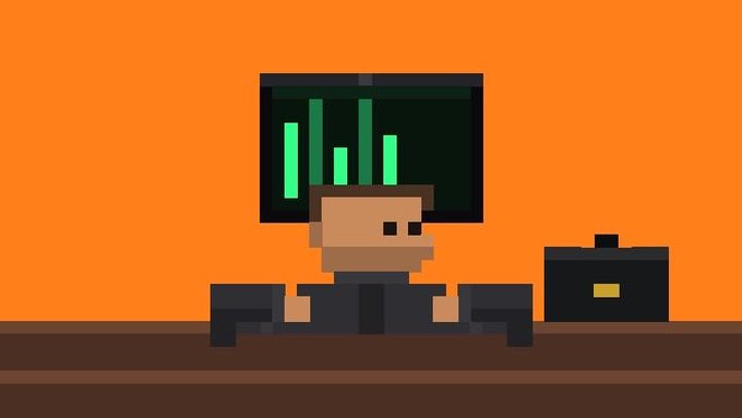 A pixel-art person sits at a desk with a large monitor showing green bars and a black device nearby.