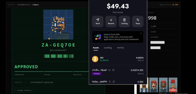 Screenshot of a Zcash wallet application showing a token called 'ZA-GEQ70E' with an 'APPROVED' status and a total assets balance of $49.43, featuring ZEC and other staked assets.