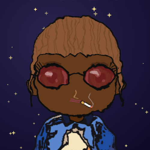 A digital illustration of a dark-skinned character with wavy orange hair, red round sunglasses, holding a cigarette in their mouth, set against a dark blue starry background.