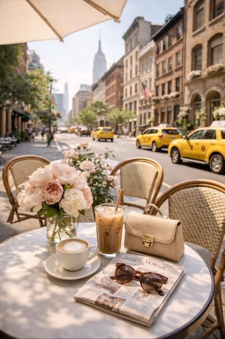 The image features a table with various items, including flowers, sunglasses, a newspaper, and a cup of coffee. The scene takes place outdoors, possibly at an outdoor cafe or restaurant. A handbag can also be seen on the table. The background shows tall buildings, indicating that this location is in New York City. The post includes phrases such as "Good afternoon legends Stay curious. Stay active. That's how opportunities find you in the @quipnetwork ecosystem." which may suggest a connection to the Quip network or an advertisement for a similar service.