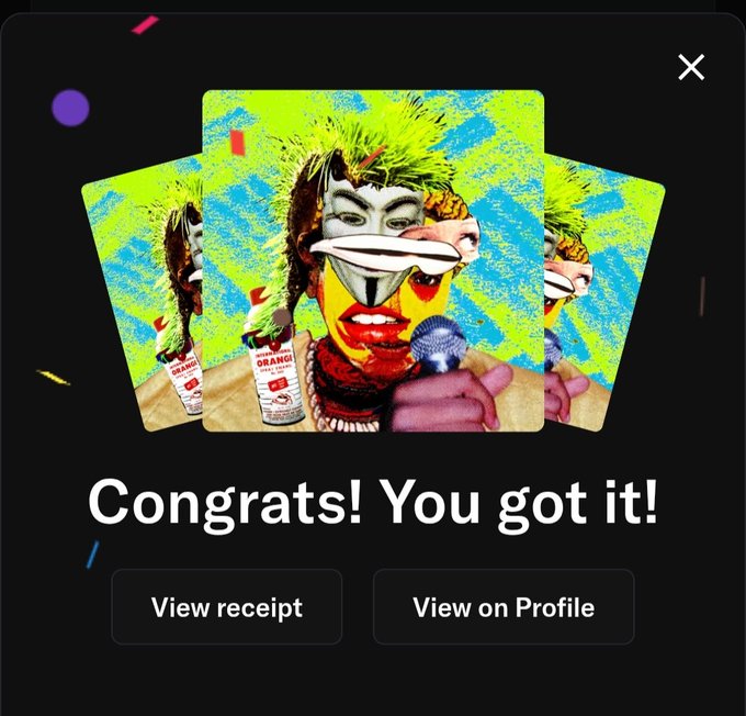 A mobile app screen displaying 'Congrats! You got it!' with a surreal distorted image of a face holding a microphone, plus 'View receipt' and 'View on Profile' buttons.