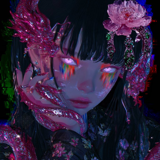 A stylized digital artwork of an anime-style character with black hair, glowing eyes, colorful makeup streaks, and elaborate pink floral and sparkly headpieces and clothing.