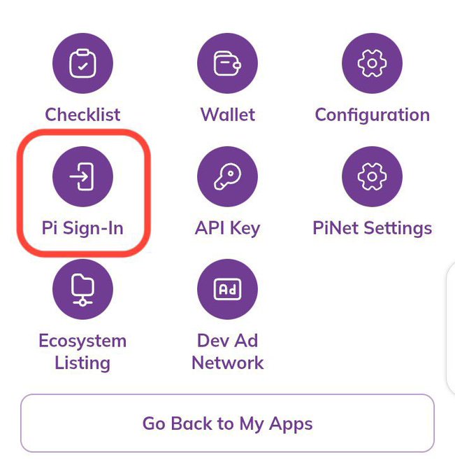 A screenshot of the Pi Network developer portal highlights the new "Pi Sign-In" feature with a red box, showcasing updated options including Checklist, Wallet, Configuration, API Key, PiNet Settings, Ecosystem Listing, and Dev Ad Network. This visual supports the post's claim that Pi Sign-In has been integrated into the developer portal, emphasizing the platform's evolution toward becoming a universal login key.
