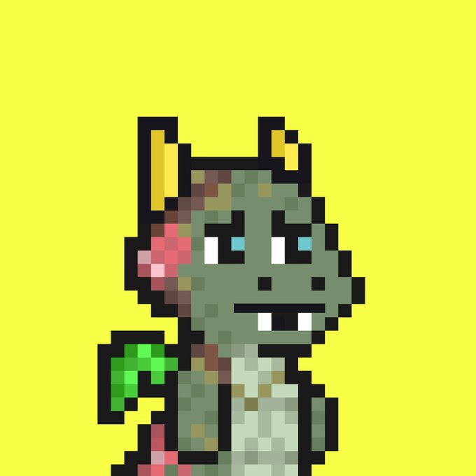 Pixel art of a green zombie dragon character with yellow horns and pink exposed brain/decay on its head, set against a yellow background.