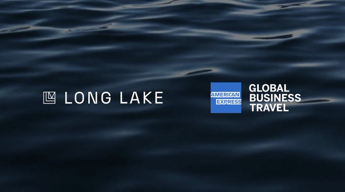 Against a backdrop of dark, rippling water, white text reads 'LONG LAKE' next to the blue 'American Express GLOBAL BUSINESS TRAVEL' logo.