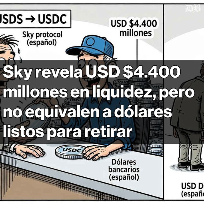 The image is a Spanish-language meme showing a cartoon character at a currency exchange booth exchanging "USDS" (labeled "Sky protocol") for a single "USDC" coin ("Dólares bancarios"), with a massive stack labeled "USD $4.400 millones" but only one USDC token being handed over—visually illustrating the post's message that Sky's $4.4 billion in liquidity does not equal dollars readily available for withdrawal, since converting USDS to USDC requires USDC supply in the PSM and Circle's banking access requirements.