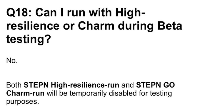 The image shows a white background with black text that reads "Q18: Can I run with High-resilience or Charm during beta testing?". The focus of this image is on the Q18 question, which asks if one can run with high resilience or charm during beta testing.