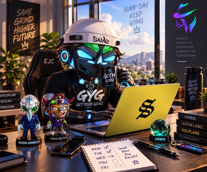 A cyberpunk-style digital artwork featuring a masked character with 'GYG' and 'GOTM LABZ' branding, surrounded by motivational text like 'SAME GRIND HIGHER FUTURE' and 'HUMP DAY KEEP GOING'.