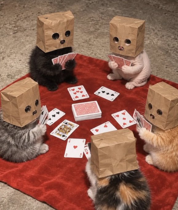 Five kittens sit in a circle on a red blanket playing cards, with paper bags with eye holes covering their heads.