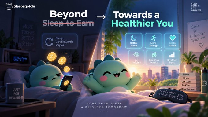 Promotional graphic for Sleepagotchi showing the transition from 'Beyond Sleep-to-Earn' to 'Towards a Healthier You,' featuring cute dinosaur-like characters and benefits like Better Sleep, More Energy, and Healthier Habits.