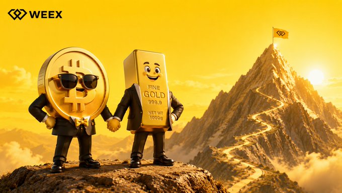 A WEEX promotional image featuring 3D cartoon characters—a Bitcoin coin and a gold bar labeled 'FINE GOLD 999.9 NET WT 1000g' wearing black suits, standing on a mountain peak with a WEEX flag under a golden sky.
