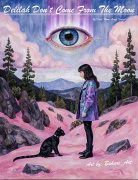 A surreal book or art print cover titled 'Delilah Don't Come From The Moon' by 'Badane Art,' depicting a girl with long dark hair standing on a pink landscape with a black cat, while a giant eye floats in the cloudy sky above.
