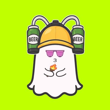 A cartoon ghost character wearing a yellow construction helmet and pink shutter shades, holding two green beer cans labeled 'BEER' while eating a dumpling, set against a bright green background.